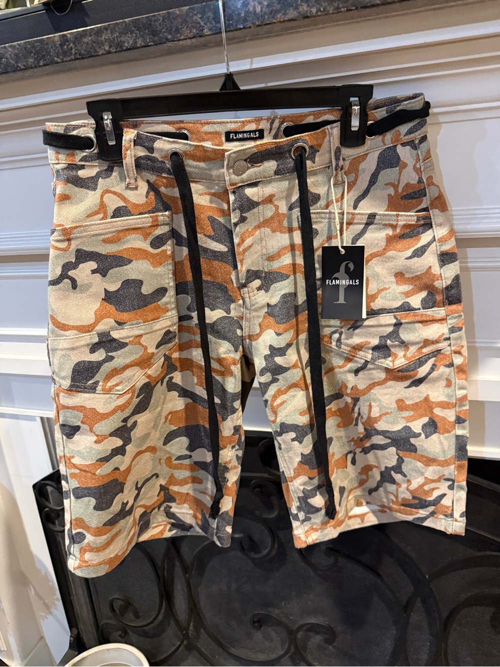 Flamingals Women’s Camo Drawstring Jean Shorts - Orange/Gray/Cream